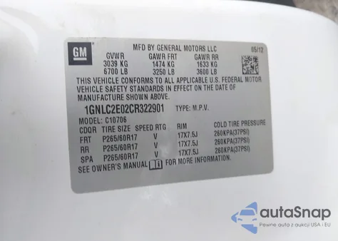 2012 Chevrolet Tahoe Commercial Fleet z USA, uszkodzony, nr VIN 1GNLC2E02CR322901